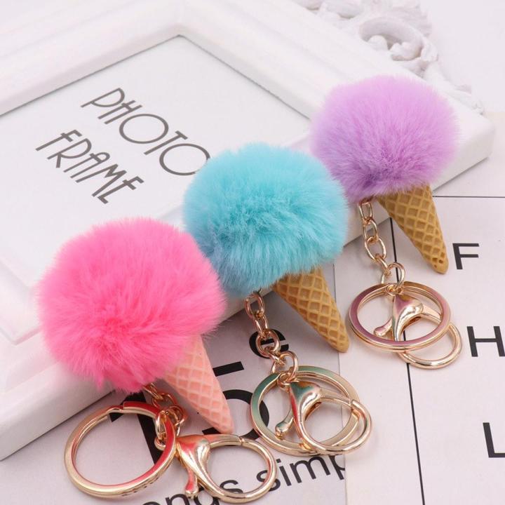 Ice cream Keychain Glitter Pompom Key Chain Gifts for Women Car Bag Accessories Key Ring accessories