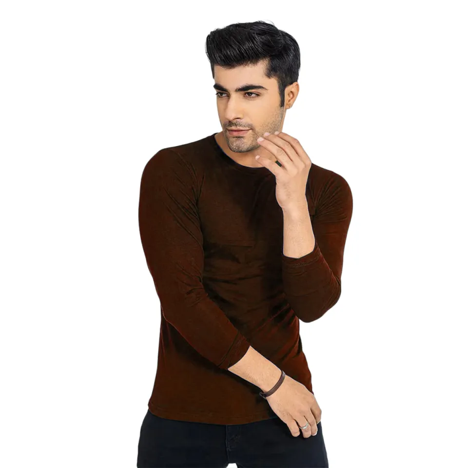 Men s Full Sleeve Casual Plain T Shirts in Dark Brown Color