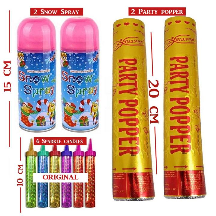 Ultimate Celebration Combo: 2 Party Poppers + 2 Snow Spray + 6 Sparkle Candles | Christmas, Wedding, Birthday & More