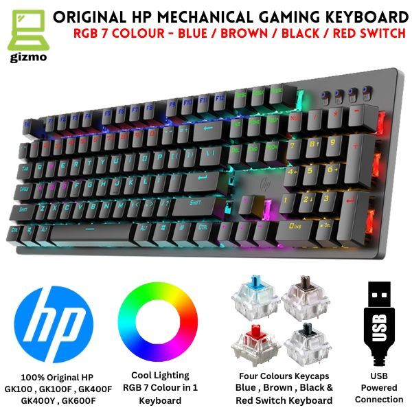Original HP Mechanical Keyboard GK100 / GK100F / GK400F / GK400Y / GK600F - RGB Gaming Keyboard Metal Body With Blue , Brown , Red & Black Switch - Black / Blue / Grey / White / Pink With Different Unique Shape -   For PC & Laptop