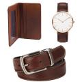 Brown Leather Strap Watch Belt And Card Holder - Premium Quality - Fashionable And Functional For Men. 