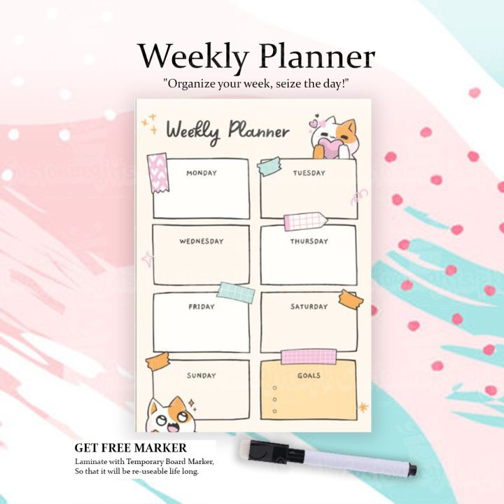 Weekly Planner Cute Cat Design A4 Size Laminated With Board Marker And ...
