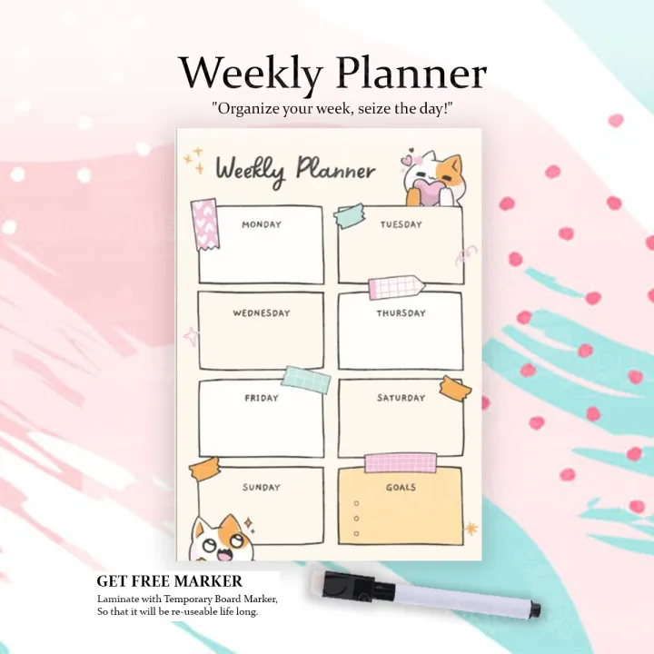 Weekly Planner Cute Cat Design A4 Size Laminated With Board Marker And ...