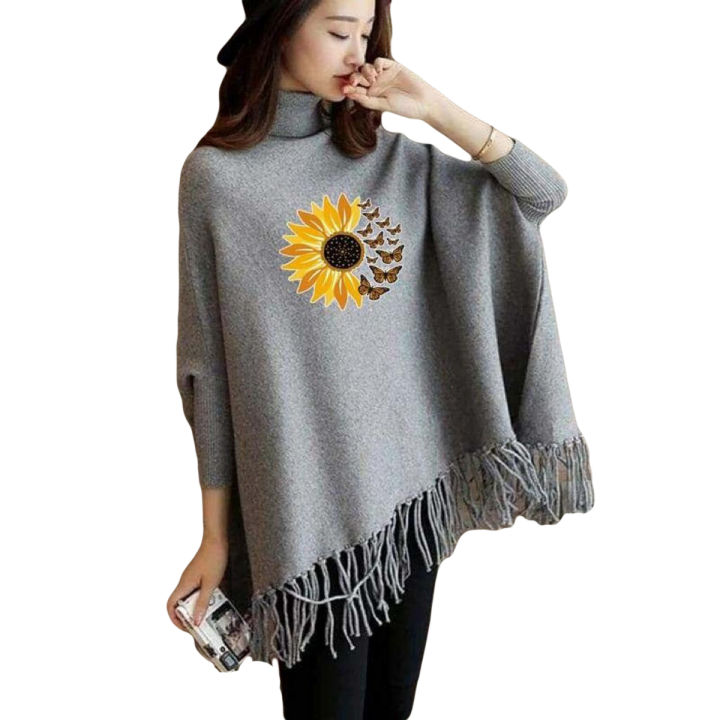 Grey Sun Flower Printed Cape Shawl Style Poncho