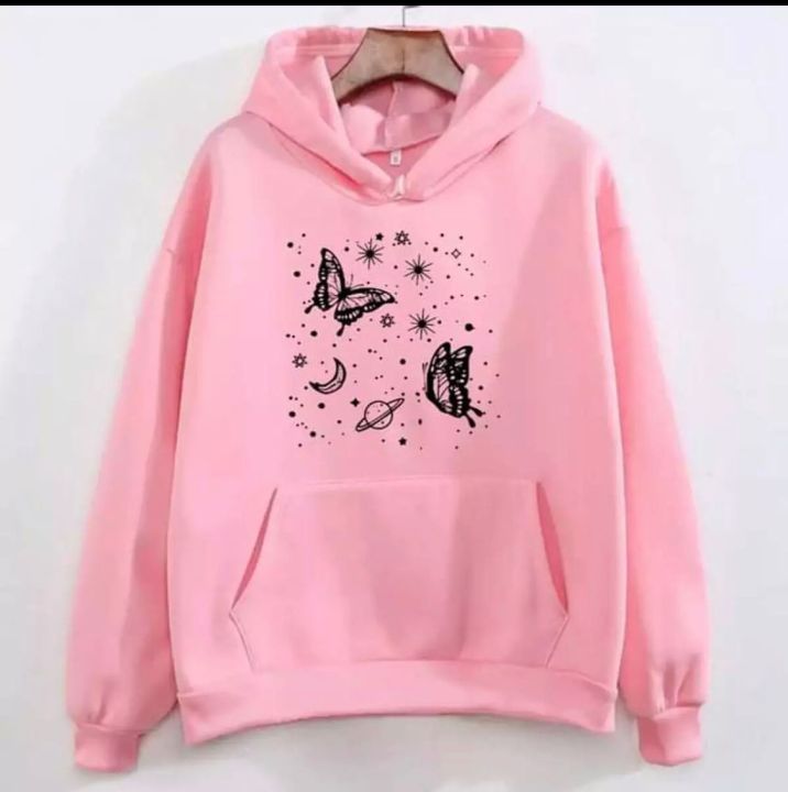 Baby Pink Fleece Printed Hoodie For Women
