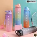 1000 mL Coloured Water Bottle with Motivational Marks Bounce Cover Time-Period Scale Reminder and Frosted Cup 3D Stickers Beautiful Travel bottle having cap Beautiful thermos  for cold-water Outdoor fitness Training Office and school. 