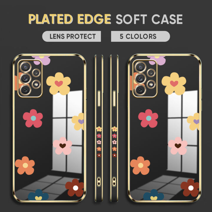 (Free Lanyard) Luxury 6D Plating Case for Samsung Galaxy A72 5G / 4G Back Cover Color Cartoon Flowers Side Pattern Soft Silicone Square Phone Cases
