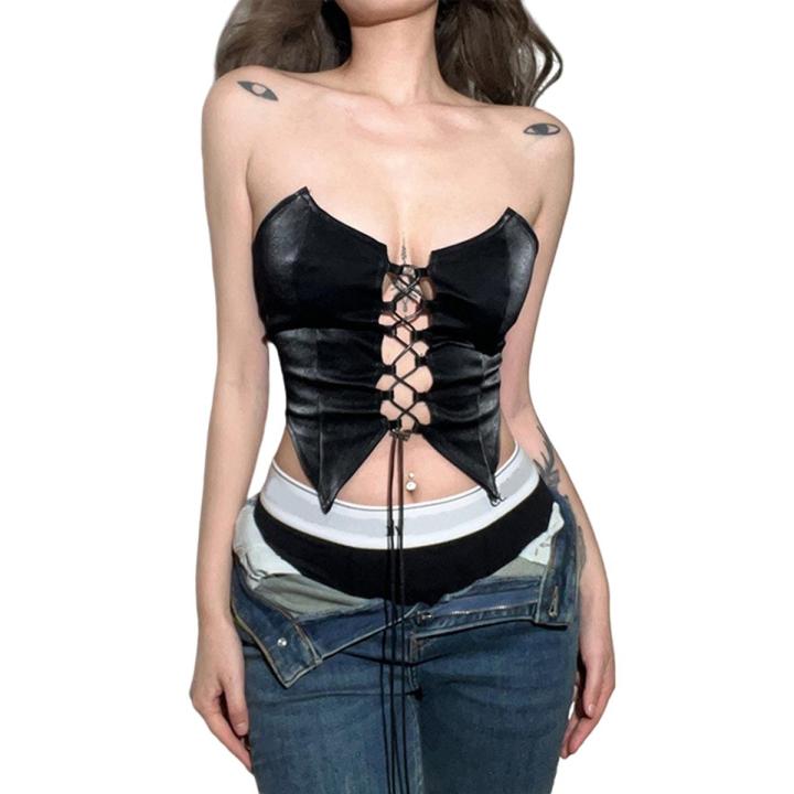 Women Summer Tube Tops, Solid Color Off Shoulder Tight Crop Tops with Cross Straps for Ladies, Black