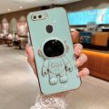 For OPPO A5s Back Cover with Cartoon Astronaut Folding Stand Luxury 6D Plating Frame Shiny Cases Soft Silicone Square Protective Mobile Phone Case. 