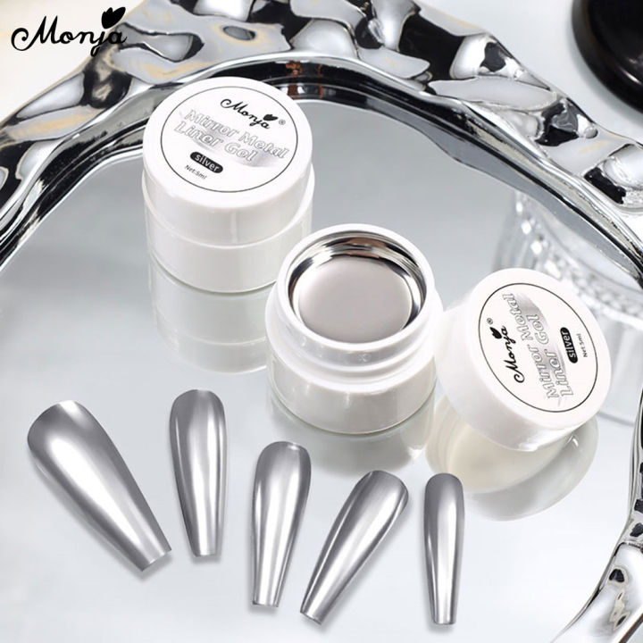 Monja 5ml Nail Art Liner Gel Metallic Silver Mirror Glitter Gel Paint For Hook Line, Diy, For Manicure, Gel Drawing,Gel Nail Liner With Brush Head,Semi Permanent Drawing Painting Line Gel Soak Off UV LED Varnish DIY Manicure Tools