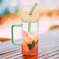 Techmanistan Random Color 400ml Square Glass Mug With Handle, Straw & Wooden Lid, Drinking Glass, Adorable Glass Cups with Lids and Straw, Glass Tumbler Coffee Cup Coffee Mug. 