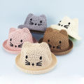 Child Summer Sunscreen Straw Knit Sun Fisherman Hat Boy Girl Imitation Raffia Embroidery Cartoon Cat Breathable Basin Cap R64. 