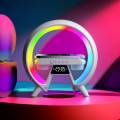 3 in 1-Latest/Smart-G shaped, Wireless charger-Pad/Stand, Multifunction-USB\Bluetooth Speaker, Alarm-Digital Clock, Led/Night-Lamp/Lamps for-room/Side table/Bedroom-Atmosphere-Colorful, RGB lights-Wireless, Mini/Portable-Speaker/clock for study/table/desk. 