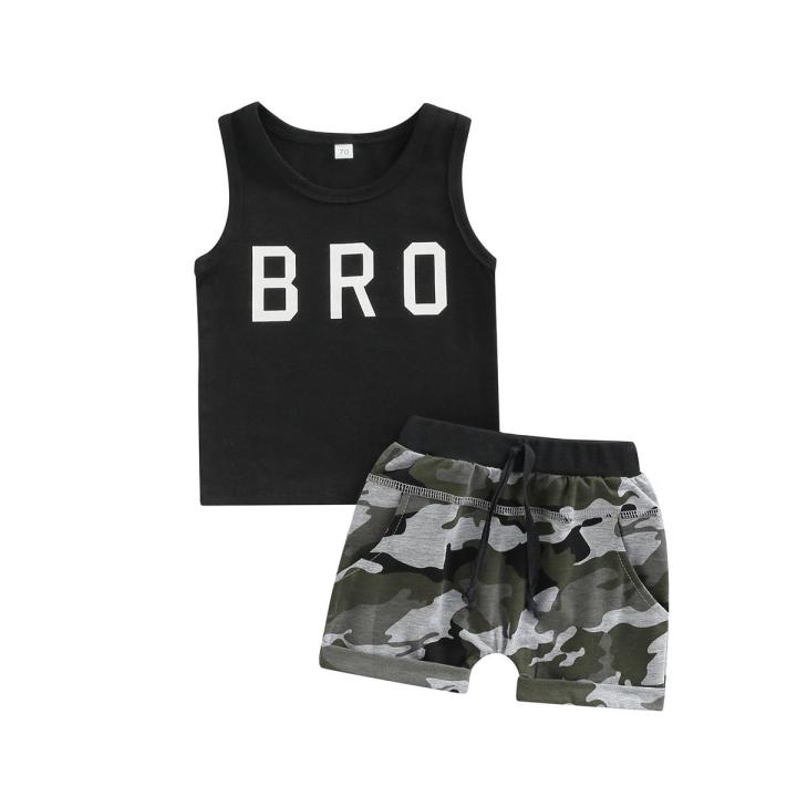 Baby Boy Shorts Set Letter Sleeveless Round Neck Vest + Camouflage High Waist Shorts Summer Cute Two-Piece Set