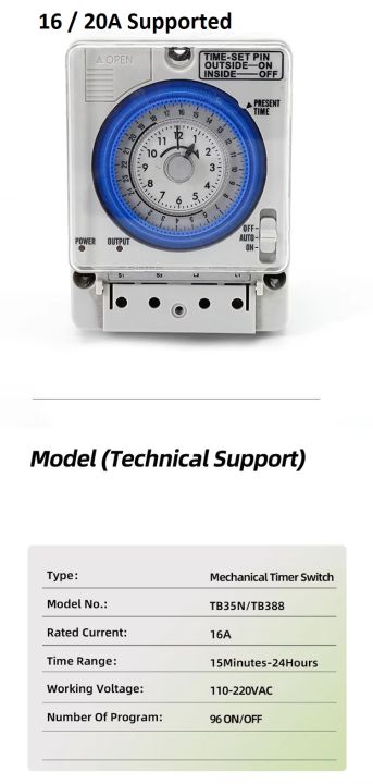 Timer Switch for street lights/ Motors Machine geyser auto on/off Time Controller Mechanical Timer Switch Controller TB35N 15A Din Rail Water Heater Programmable