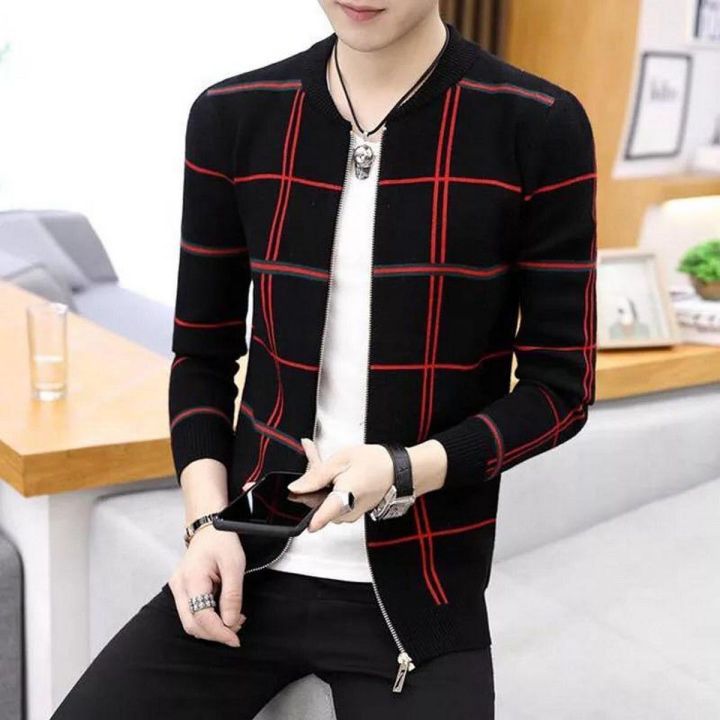 Black Red Lining Printed Zipper Jacket
