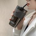 Techmanistan Glass Tumbler with Straw, Lid, Handle With Protective Leather Sleeve, Reusable Glass Coffee Tumbler, Glass Straw Milk Coffee Cup With Lid. 