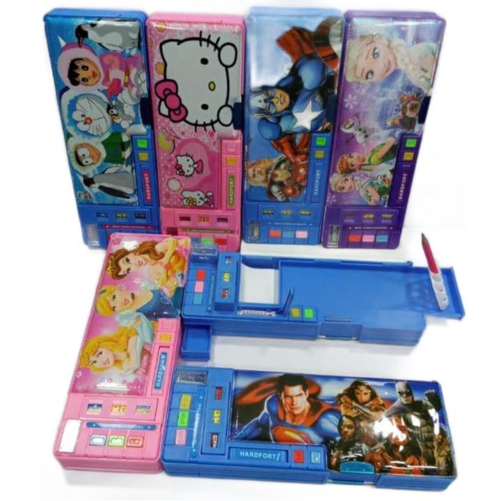 Double Sided 5 Button Magnetic Button Geometry , Pencil box with Sharpener, Date, Temperature, Sharpner for Boys and Girls, (Color and Character subject to Availability of Stock)