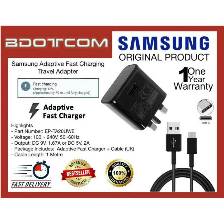 ORIGINAL SAMSUNG Adaptive Fast Phone  Charger with USB TYPE-C Cable for Samsung Galaxy Tab S4, Tab S5E, Tab S6, Note10, Note 10 Plus, Note 9, Note 8, S10, S10+, S10E