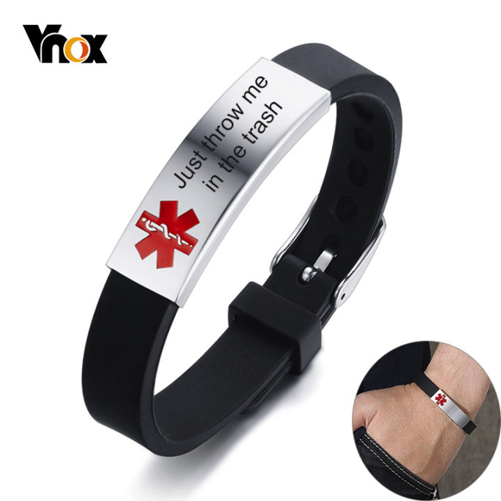 Vnox Just throw me in the trash Medical Alert ID Bracelets for Men Women Stainless Steel Tag Adjustable Silicone Rudder Band