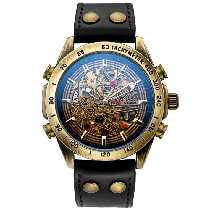 Classic Vintage Men Automatic Mechanical Watch Skeleton Transparent Self Winding Men Watches Leather Man Clock