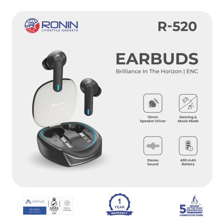 Ronin R-520 Earbuds, Active Gaming Mode, Bluetooth V5.3, High-Quality 400mAh Battery, IPX4 Water-Resistant, up to 7 Hours Playtime with Noise Cancellation, Quad Mic, ENC Touch Control Earbuds