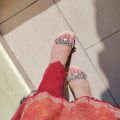 Stylish Transparent Crystal Buckle High Heel Sandals for Women. 