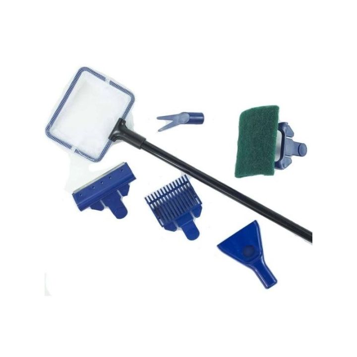 Complete%20aquarium%20cleaning%20sets%20with%20a%20range%20of%20accessories%20including%20net,%20plant%20fork,%20glass%20sponge,%20gravel%20rake%20and%20algae%20scraper%205%20in%201%20Aqua%20Tools%20-%20Image%202