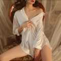 Women's White Long Sleeve Nightshirt Button Down Sleepwear, Breathable Pajama Top for Home and Spa. 