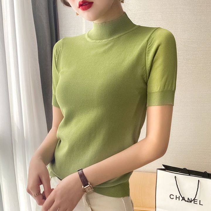 Spring and Autumn New Mock Neck Sweater Women's Slim Fit All-Match Short-Sleeved Sweater Inner Wear Blouse Pullover Bottoming Shirt