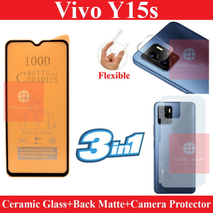 Vivo Y15s Matte Glass Protector Fiber Pubg Glass + Back Protector Carbon Fiber Matte Soft Skin Sheet + Camera Glass Protector Fiber Glass For Vivo Y15s