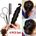 4 Pcs Set Styling Clip Bun Maker + Hair Twist Braid Ponytail Tool With Rat Tail Comb Tool Makes stylish hair Volumes Up Hair. 