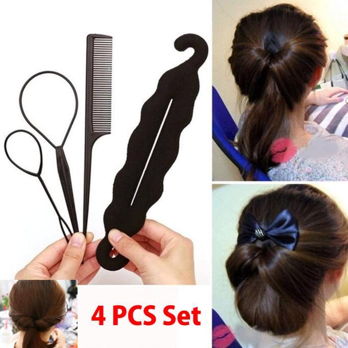 4 Pcs Set Styling Clip Bun Maker + Hair Twist Braid Ponytail Tool With Rat Tail Comb Tool Makes stylish hair Volumes Up Hair