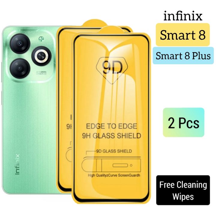 Pack of 02 - infinix Smart 8 / Smart 8 Plus - 100% Original Full coverage Tempered Glass screen Protector- Full Glue- with Cleaning Wipes