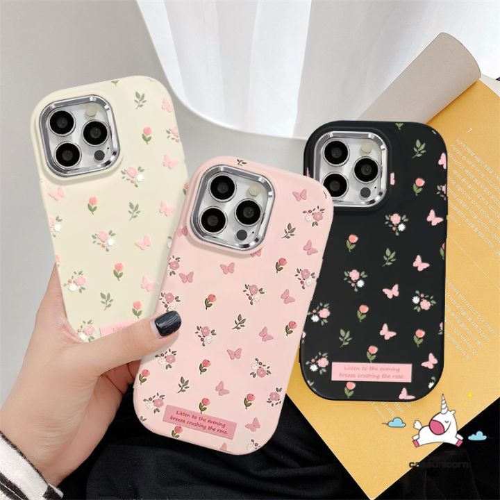 Vintage Art Small Flower Butterfly Phone Case Compatible for IPhone 7Plus 15 14 13 11 12 Pro Max 7 8 Plus XR XS Max X 8Plus Cartoon Fresh Floret Luxury Plating Metal Lens Soft Cover
