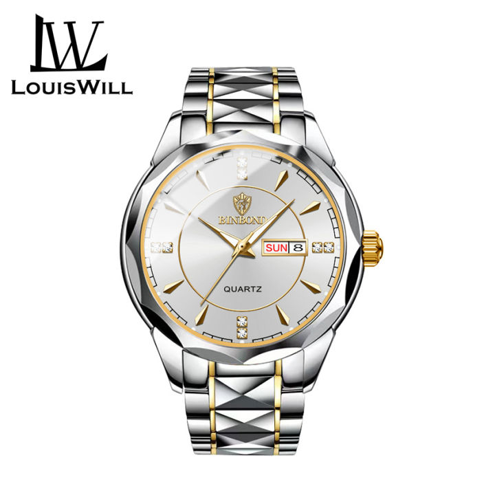 LouisWill Men's Fashion Watch Quartz Watches Double Calendar Watch Diamond Inlaid 30M Waterproof Watch Luminous Quartz Watch Steel Band Watch Luminous Pointer Wrist Watches for Men