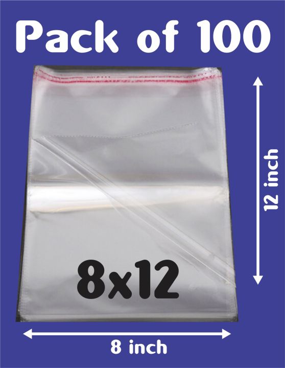 Pack / Bundle of 100 (8 x 12 Inch) Clear Resealable Cloths or Anything Packing/ Poly Transparent Plastic Bags For Storage Self Adhesive Polythene Peel + Seal Bags For Packing / Celo Bag