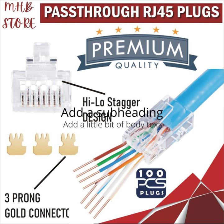 Staggered EZ RJ45 Cat6 / Cat5e Pass Through Connector - 8P8C Gold Plated Pass through