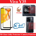 Vivo Y35 Tempered Glass HD 9D Curved Glass Protector Edge To Edge Full Glue + Back Hydrogel Soft Film jell Protector Sheet + Flexible Camera Protector 9H Gorilla Protector For Vivo Y35. 