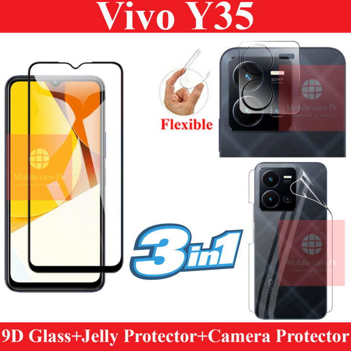Vivo Y35 Tempered Glass HD 9D Curved Glass Protector Edge To Edge Full Glue + Back Hydrogel Soft Film jell Protector Sheet + Flexible Camera Protector 9H Gorilla Protector For Vivo Y35