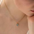 Trendy Bead Chain Stone Necklace Stainless Steel Oval Shape Light Blue Stone Pendant Necklace. 