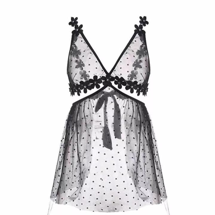 Lingerie Polka Dot Lace Sleepwear Women's Nightie V-neck See Through Gauze  Night Dress Ladies Nightgown Nightwear XL