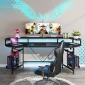 Curved Shaped Gaming Computer Desk with Hoster Holder Headphone Hook for Home Office, Black (Customised). 