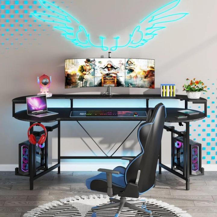 Curved Shaped Gaming Computer Desk with Hoster Holder Headphone Hook for Home Office, Black (Customised)