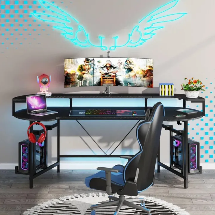 Curved Shaped Gaming Computer Desk with Hoster Holder Headphone Hook for Home Office, Black (Customised)