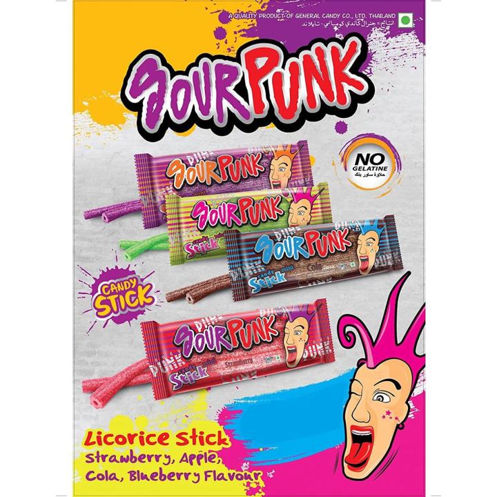 Sour Punk Candy Stick Variety Pack of 4 Flavors (Cola, Apple, Blueberry & Strawberry), 20gm Each
