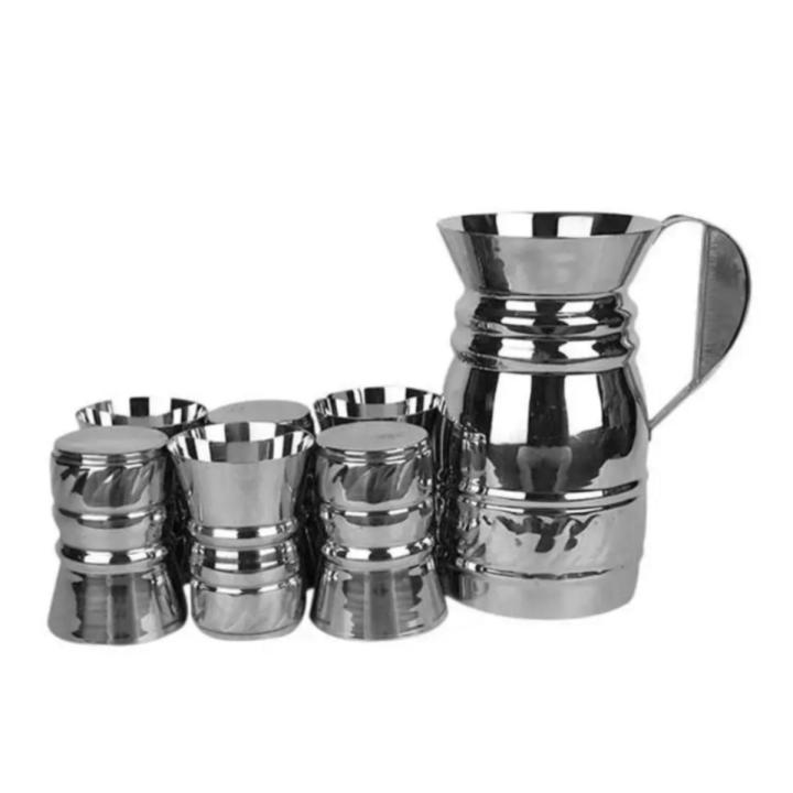 Stainless Steel 7 Pieces Water Jug Set 6 Glass With 1 Jug Neat & Durable Made Stainless Steel Set-Basic Kitchen Accessories