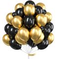 Happy Birthday Decoration Set- Black Banner Cards, 30 Mettalic Chrome Shiny Balloons and Golden Confetti Ballooons. 