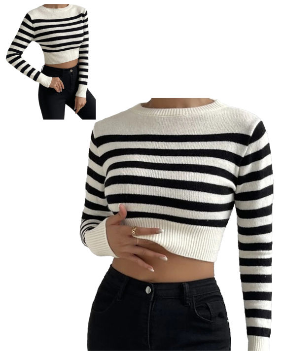 bellylady Omens Cropped Striped Sweaters Oversized Batwing Long Sleeve Crew Neck Crop Tops Knit Pullover