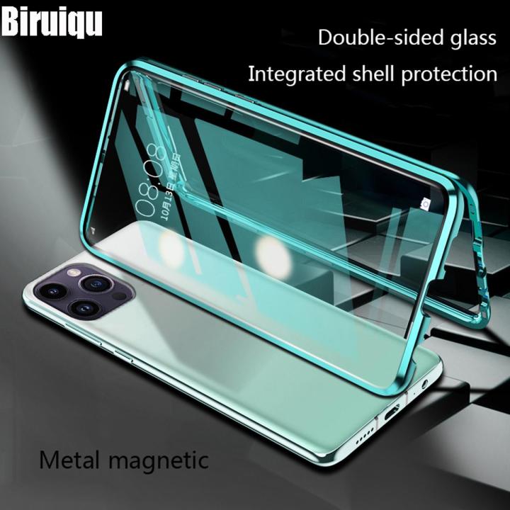 Biruiqu For iPhone 15 Plus Pro Max Magnetic Absorption Case Metal Frame Shockproof Double Sided Tempered Glass Magnetic Case Cover